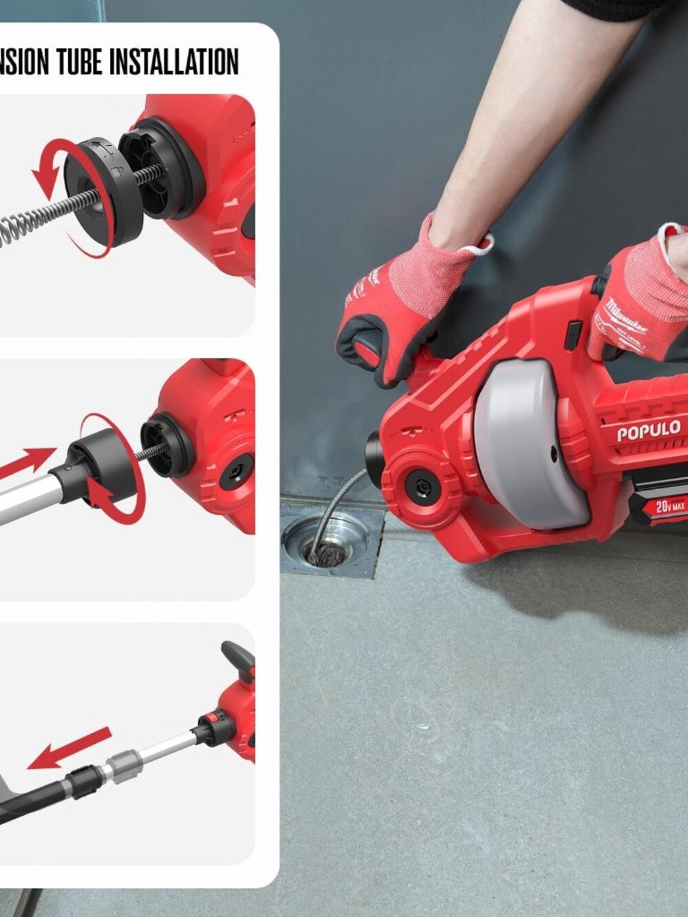 20V Cordless Electric Drain Snake, 25Ft Replaceable Cable with 2.0Ah Battery, Ex - Picture 9 of 9